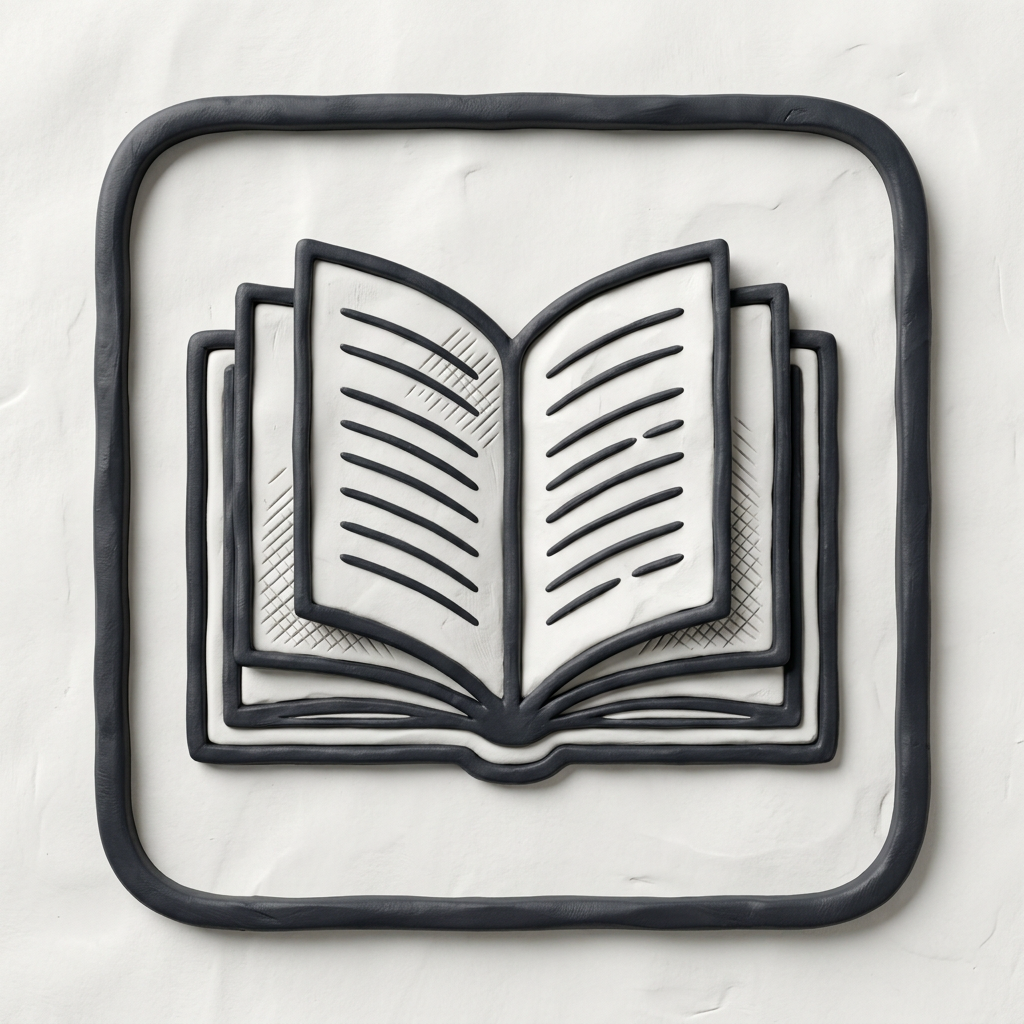 Stylized open book icon inside a rounded square frame